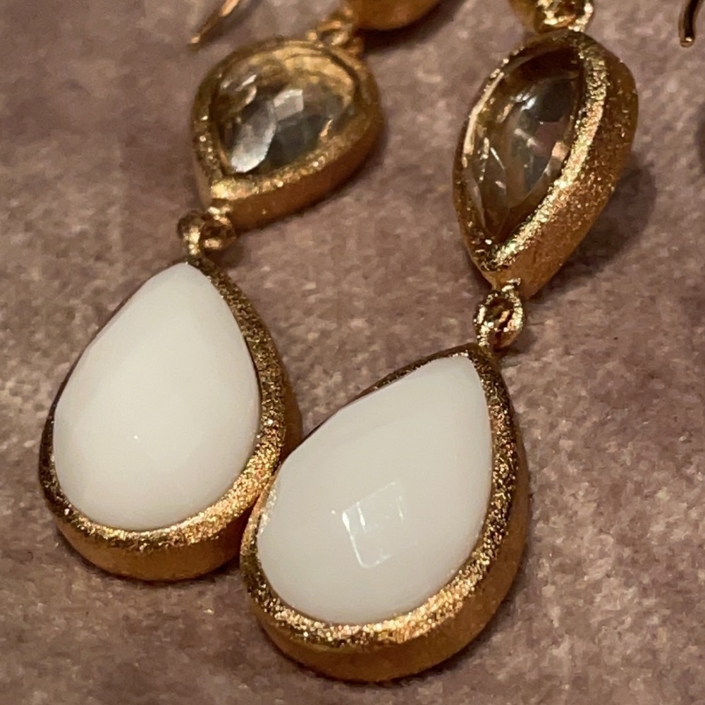 Rivka Friedman Rock Crystal & White Agate Double Dangle Teardrop Earrings NWOTS